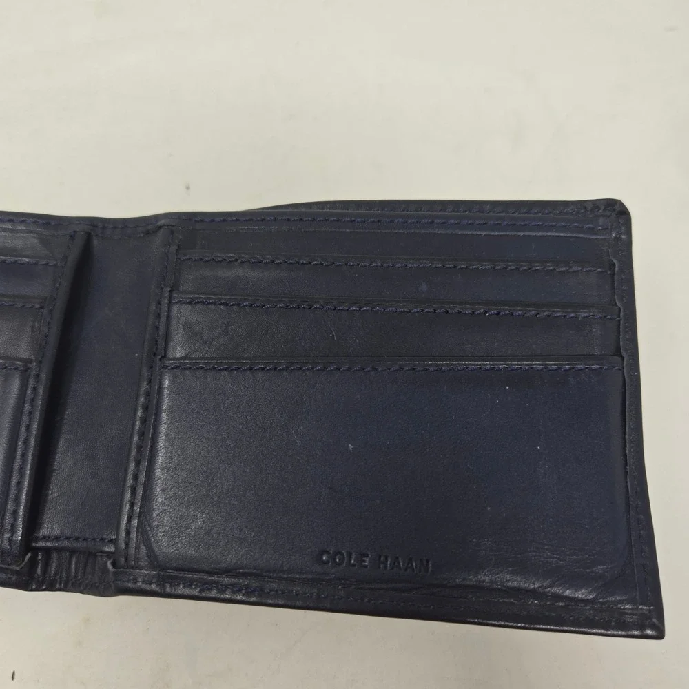 Cole‎ Haan Mens Bifold Wallet Navy Blue Leather Slim Card Holder